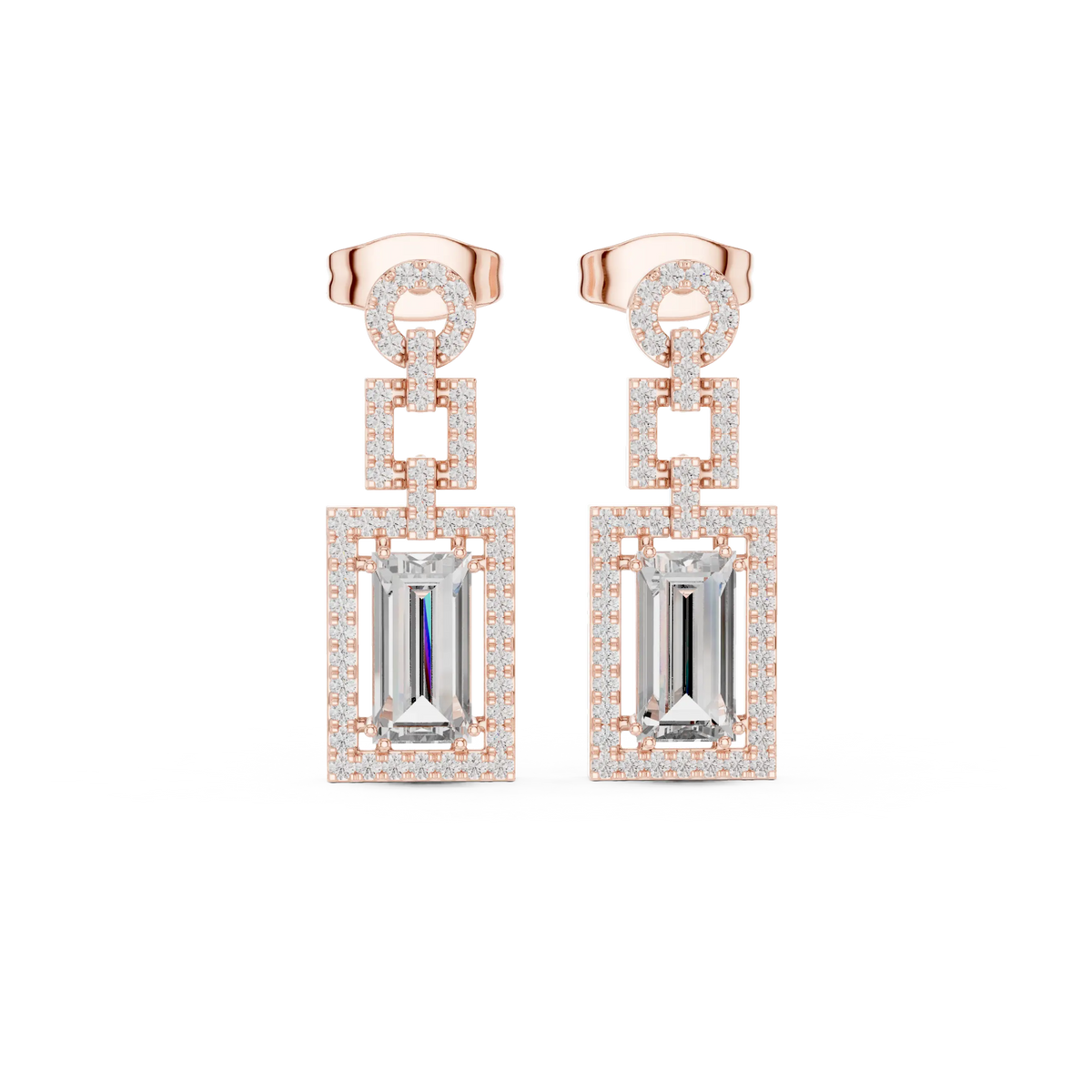 Pair Shot: Emerald Cut Diamond Earrings with Halo Setting in 14k Rose Gold - Lab Grown - Driona Jewels