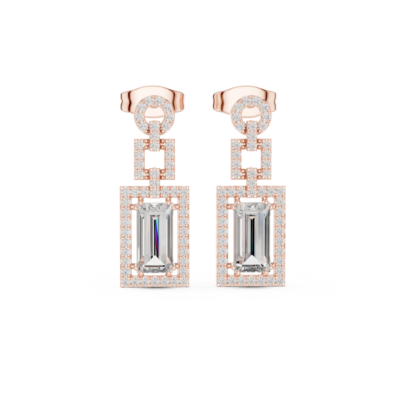 Pair Shot: Emerald Cut Diamond Earrings with Halo Setting in 14k Rose Gold - Lab Grown - Driona Jewels