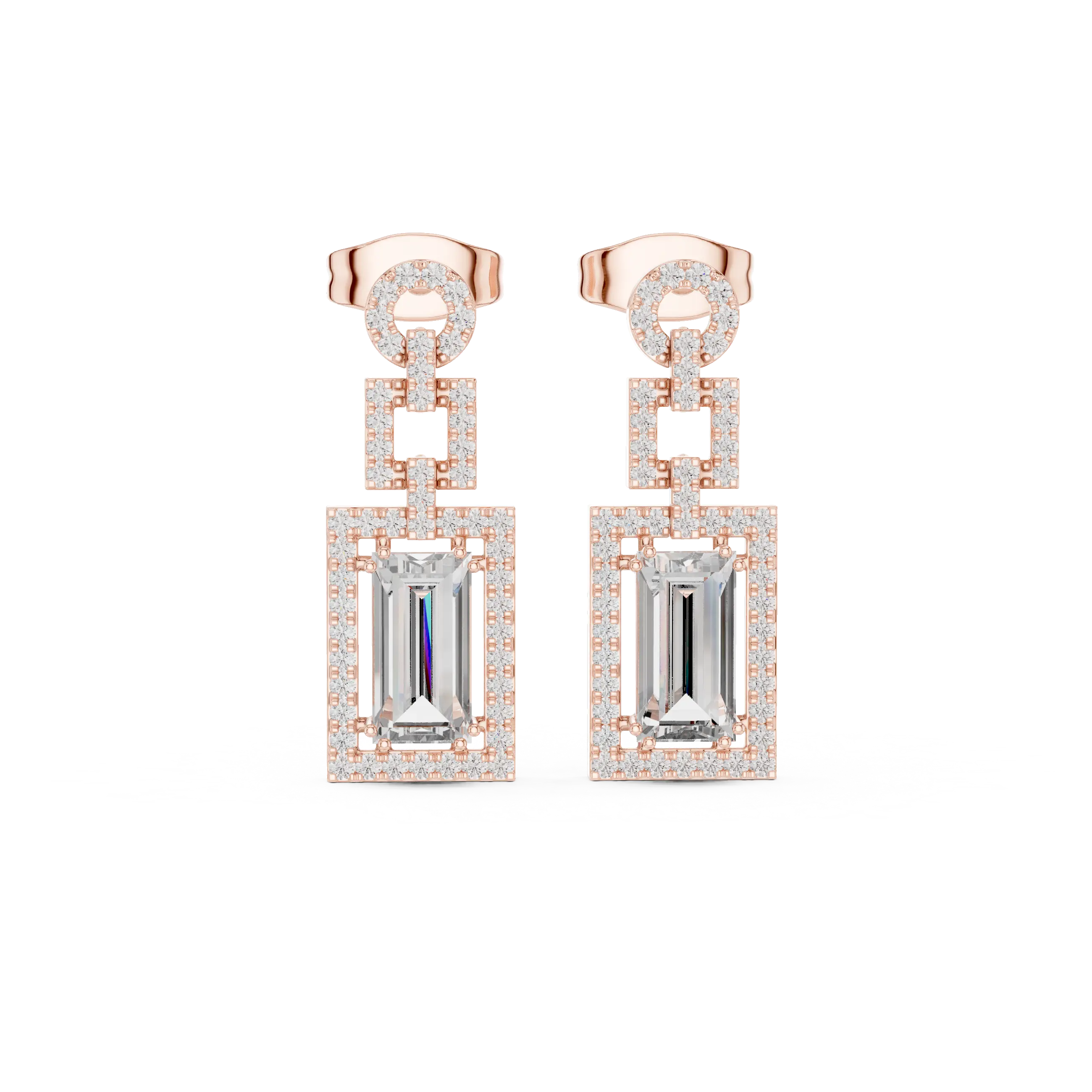 Pair Shot: Emerald Cut Diamond Earrings with Halo Setting in 14k Rose Gold - Lab Grown - Driona Jewels