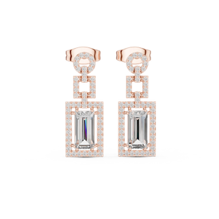 Pair Shot: Emerald Cut Diamond Earrings with Halo Setting in 14k Rose Gold - Lab Grown - Driona Jewels