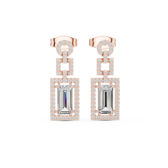 Pair Shot: Emerald Cut Diamond Earrings with Halo Setting in 14k Rose Gold - Lab Grown - Driona Jewels