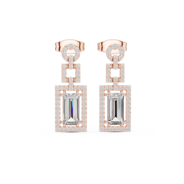 Pair Shot: Emerald Cut Diamond Earrings with Halo Setting in 14k Rose Gold - Lab Grown - Driona Jewels