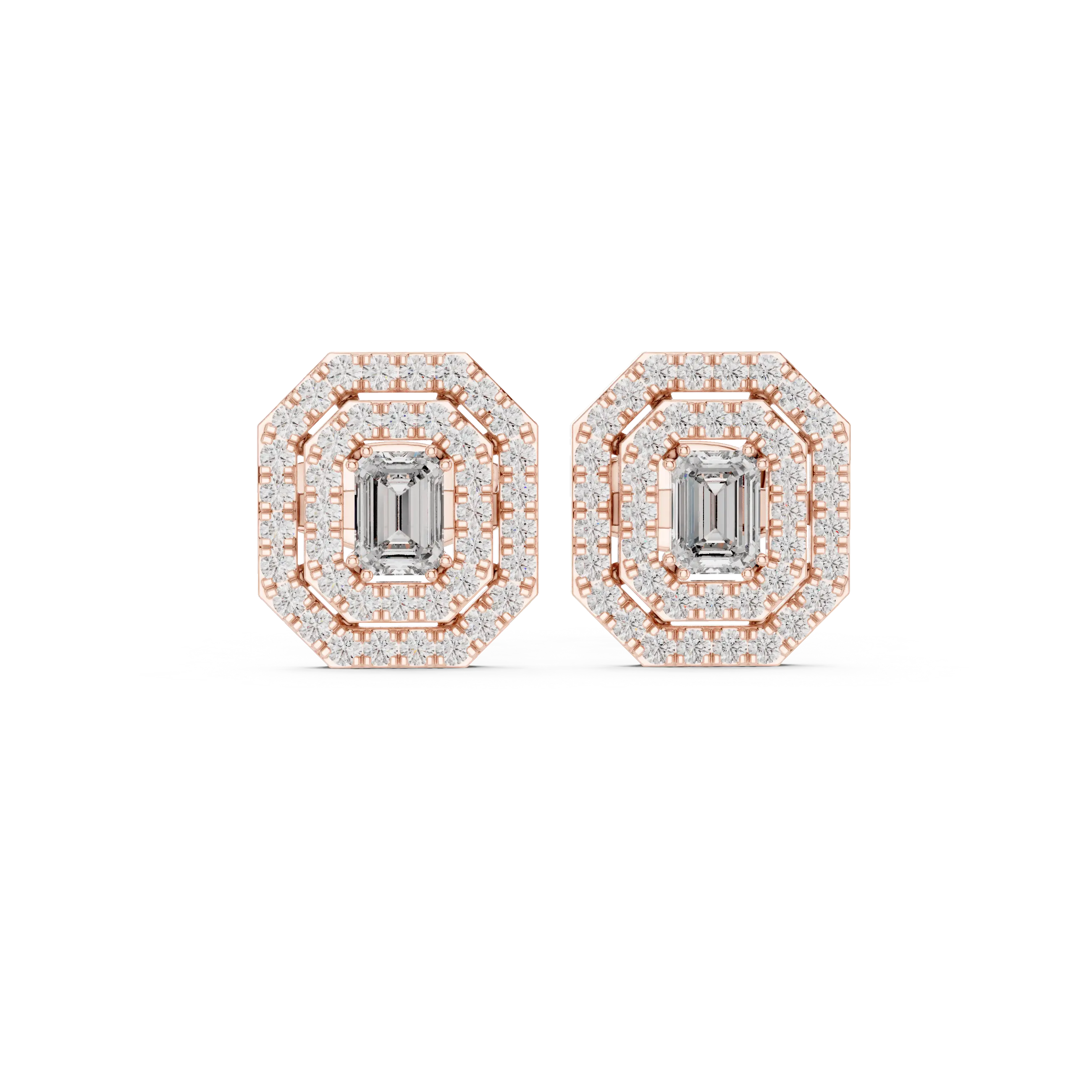 Pair-Shot: Emerald Cut Diamond Earrings with Halo Setting in 14k Rose Gold - Lab Grown - Driona Jewels