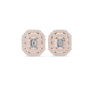 Pair-Shot: Emerald Cut Diamond Earrings with Halo Setting in 14k Rose Gold - Lab Grown - Driona Jewels