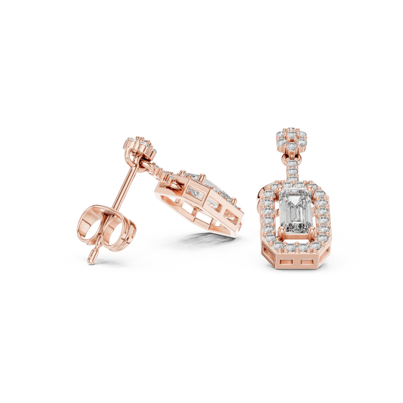 Pair Shot: Emerald Cut Diamond Earrings with Halo Setting in 14k Rose Gold - Lab Grown - Driona Jewels