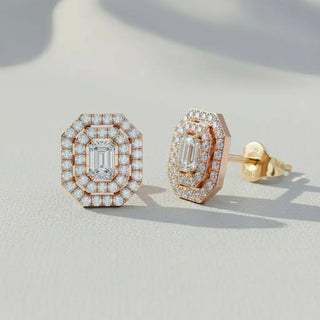 Pair Shot: Emerald Cut Diamond Earrings with Halo Setting in 14k Rose Gold - Lab Grown - Driona Jewels