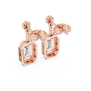 Pair Shot: Emerald Cut Diamond Earrings with Halo Setting in 14k Rose Gold - Lab Grown - Driona Jewels