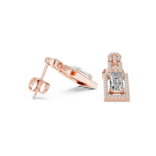 Pair-Shot: Emerald Cut Diamond Earrings with Halo Setting in 14k Rose Gold - Lab Grown - Driona Jewels