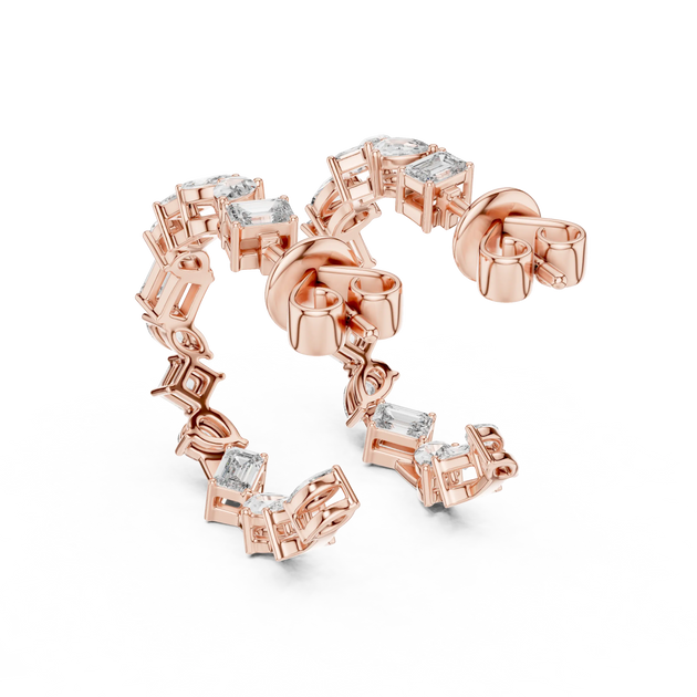Three-quarter View: Emerald Cut Diamond Earrings with Halo Setting in 14k Rose Gold - Lab Grown - Driona Jewels