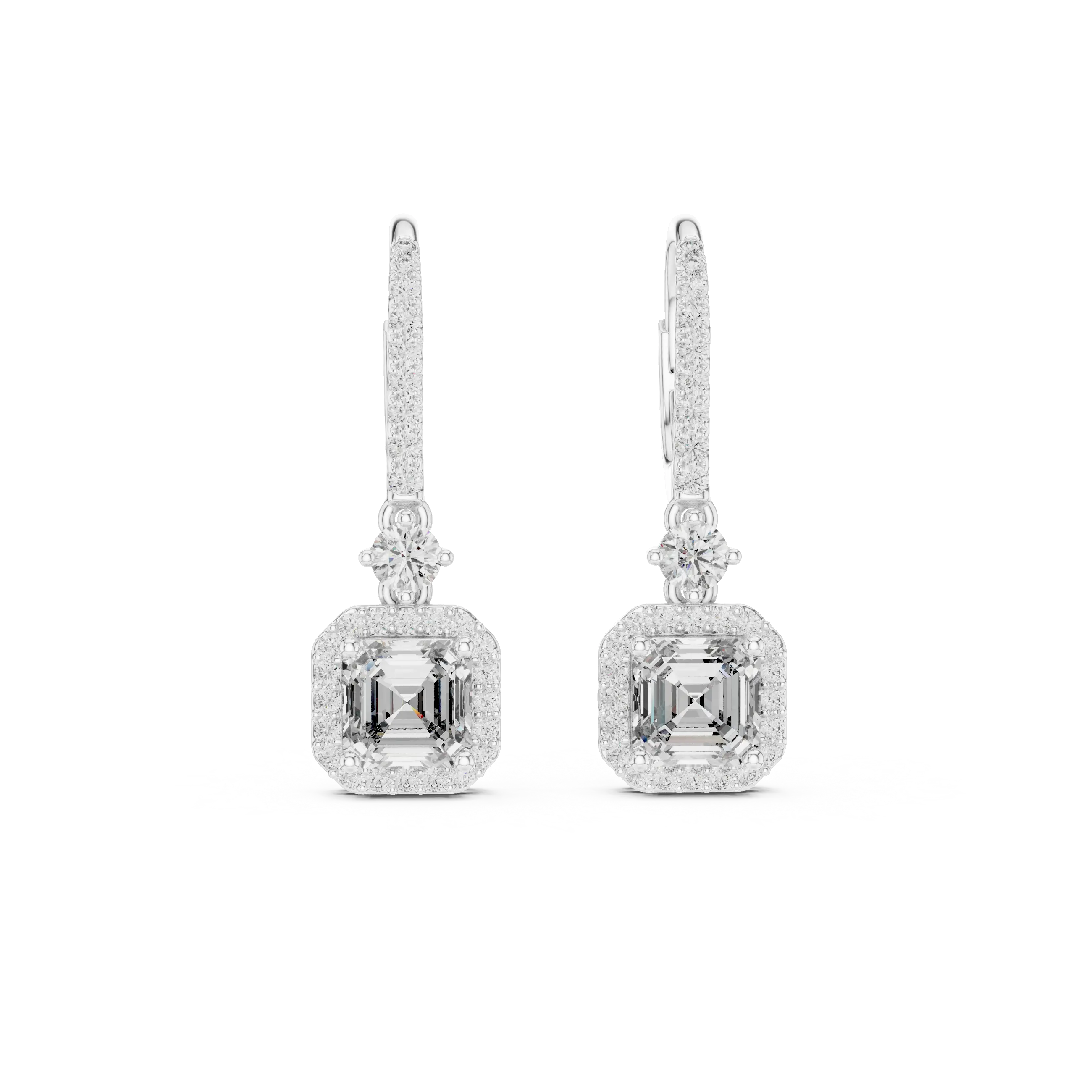 Pair-Shot: Emerald Cut Diamond Earrings with Halo Setting in 14k White Gold - Lab Grown - Driona Jewels
