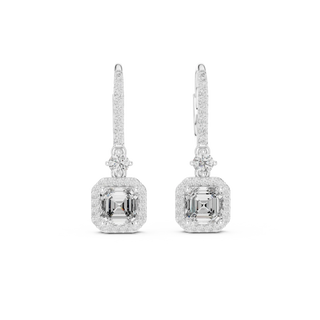 Pair-Shot: Emerald Cut Diamond Earrings with Halo Setting in 14k White Gold - Lab Grown - Driona Jewels