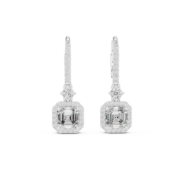 Pair-Shot: Emerald Cut Diamond Earrings with Halo Setting in 14k White Gold - Lab Grown - Driona Jewels