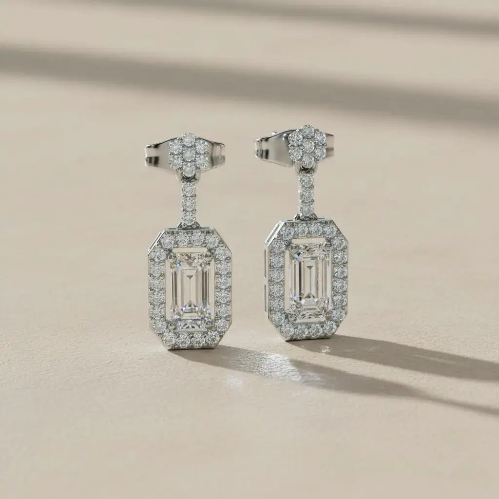 Pair Shot: Emerald Cut Diamond Earrings with Halo Setting in 14k White Gold - Lab Grown - Driona Jewels