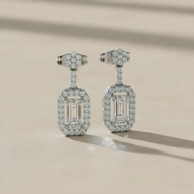 Pair Shot: Emerald Cut Diamond Earrings with Halo Setting in 14k White Gold - Lab Grown - Driona Jewels