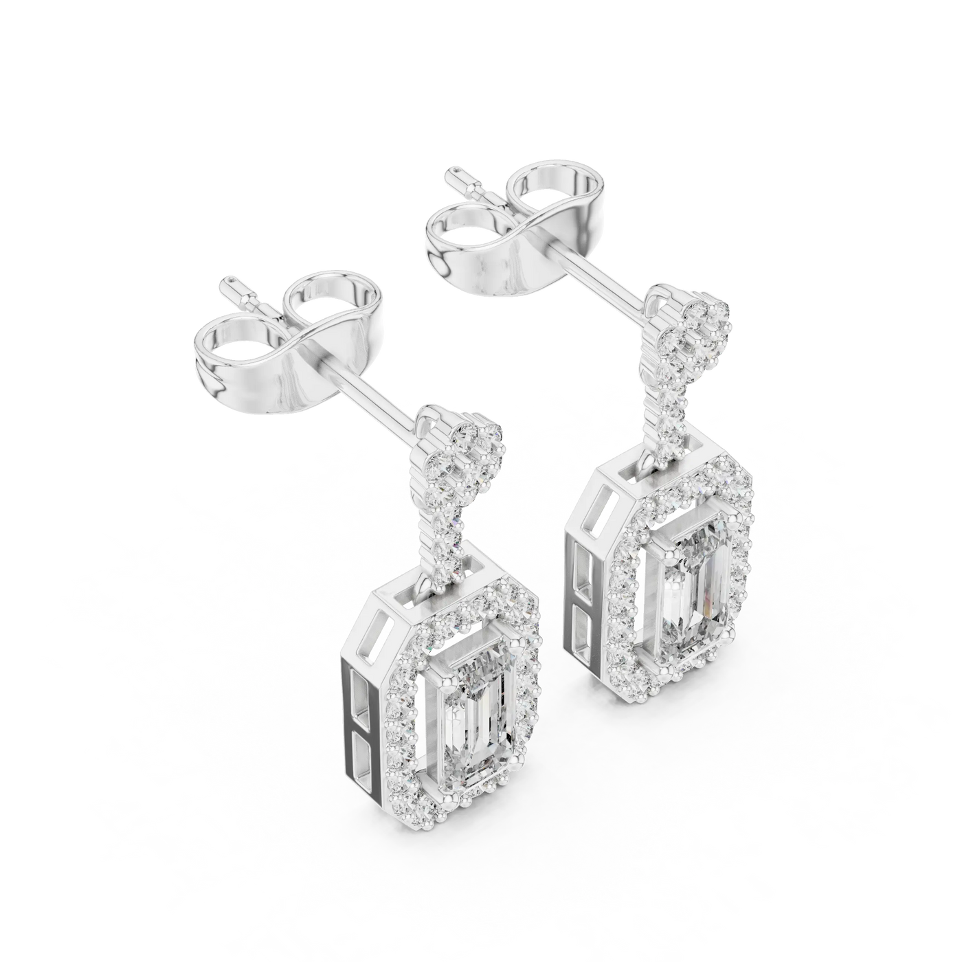Pair-Shot: Emerald Cut Diamond Earrings with Halo Setting in 14k White Gold - Lab Grown - Driona Jewels