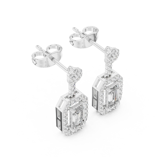 Pair-Shot: Emerald Cut Diamond Earrings with Halo Setting in 14k White Gold - Lab Grown - Driona Jewels