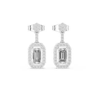 Pair-Shot: Emerald Cut Diamond Earrings with Halo Setting in 14k White Gold - Lab Grown - Driona Jewels