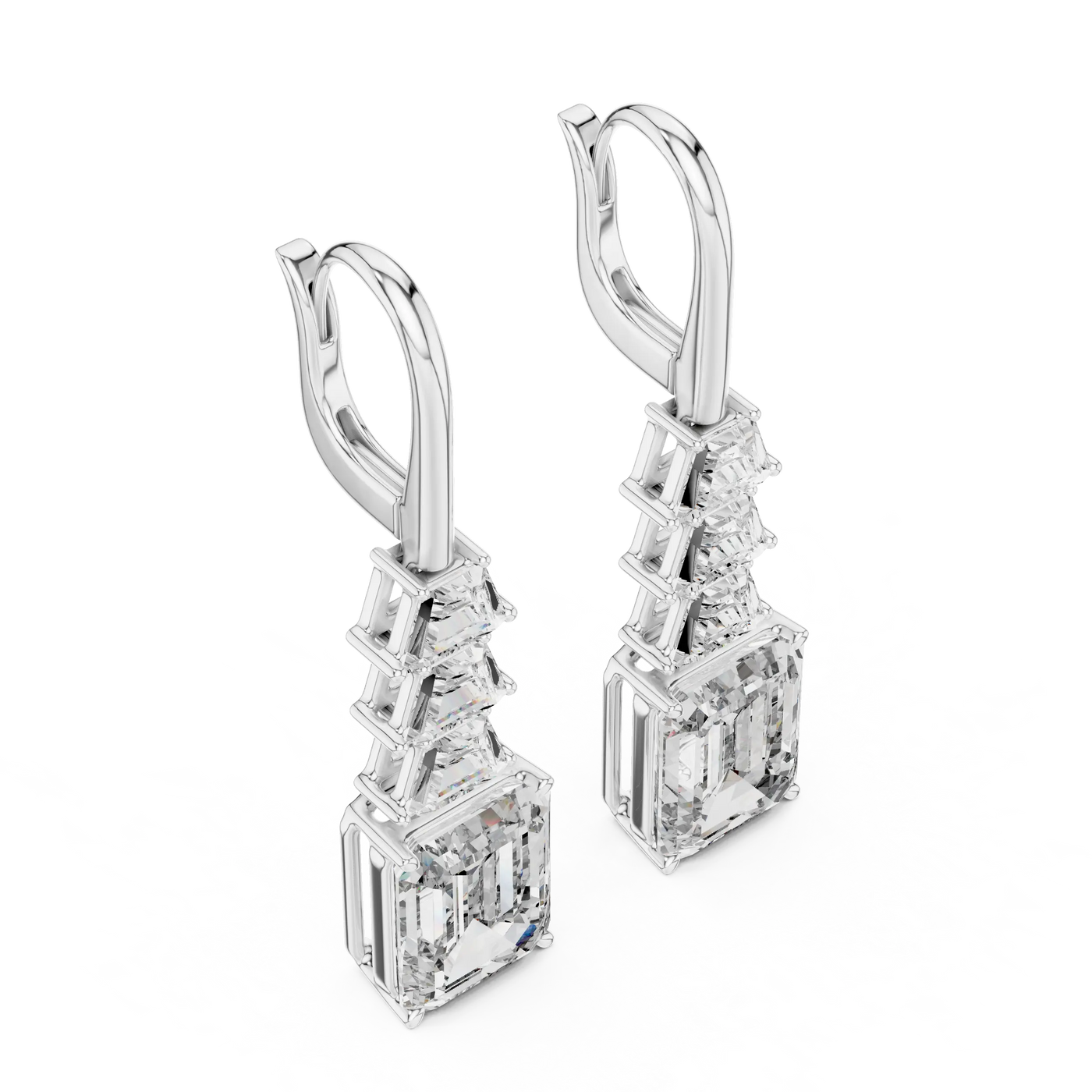 Pair-Shot: Emerald Cut Diamond Earrings with Halo Setting in 14k White Gold - Lab Grown - Driona Jewels
