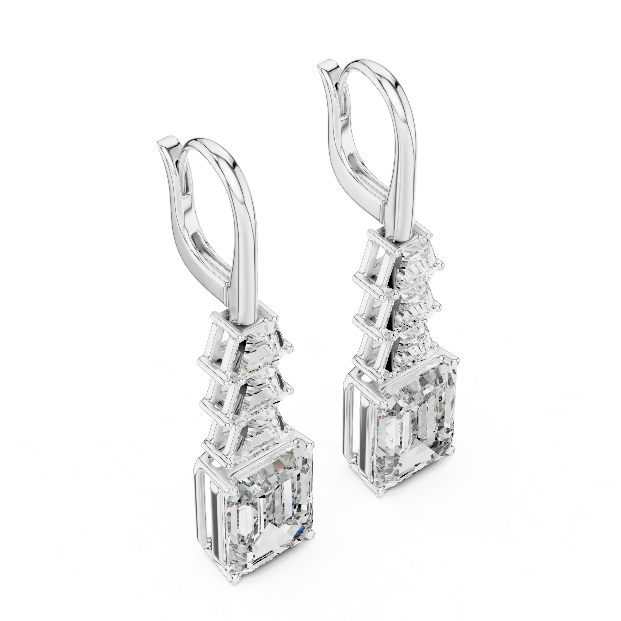 Pair-Shot: Emerald Cut Diamond Earrings with Halo Setting in 14k White Gold - Lab Grown - Driona Jewels