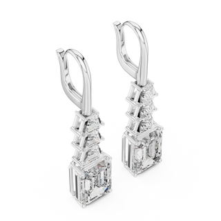 Pair-Shot: Emerald Cut Diamond Earrings with Halo Setting in 14k White Gold - Lab Grown - Driona Jewels