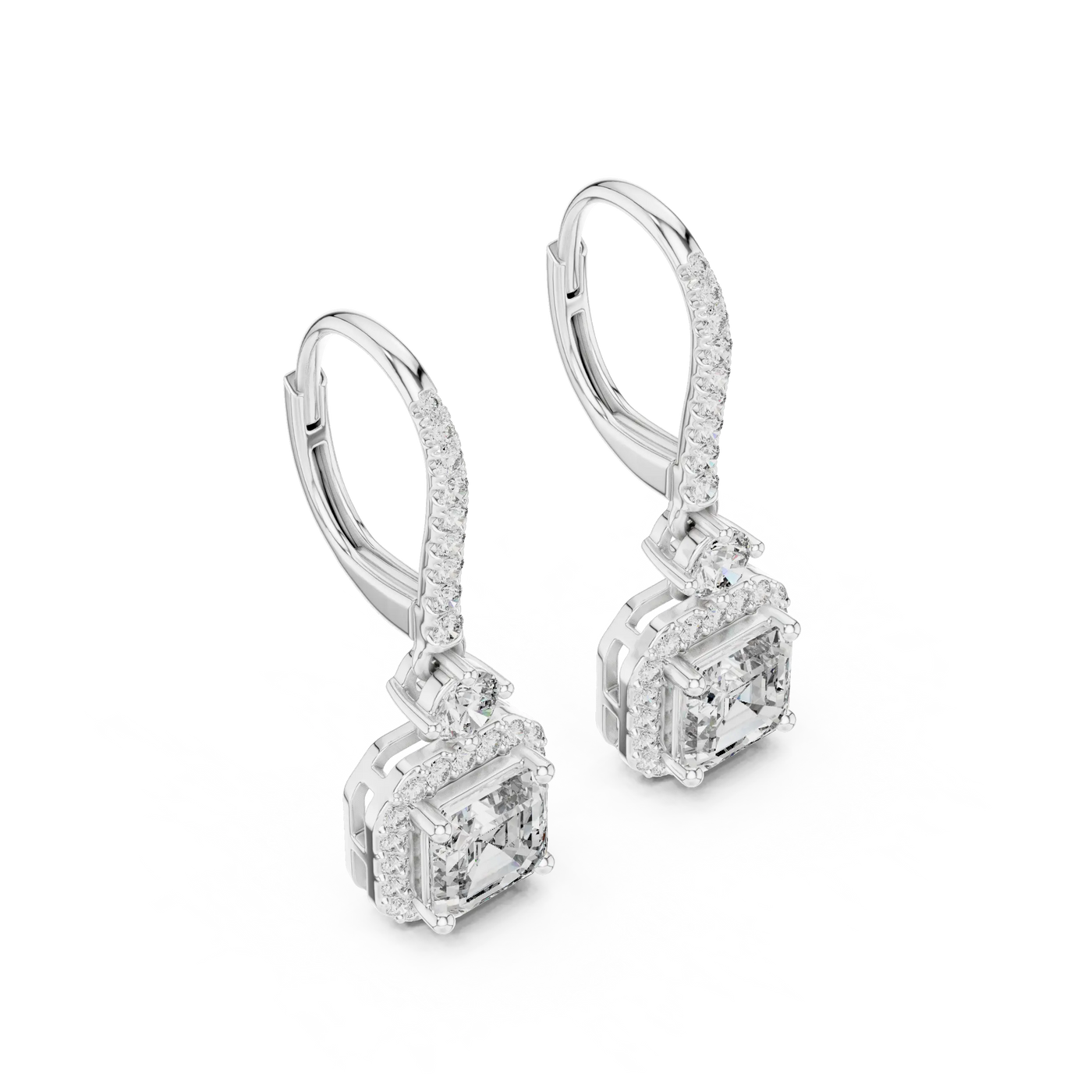 Pair Shot: Emerald Cut Diamond Earrings with Halo Setting in 14k White Gold - Lab Grown - Driona Jewels