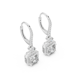 Pair Shot: Emerald Cut Diamond Earrings with Halo Setting in 14k White Gold - Lab Grown - Driona Jewels