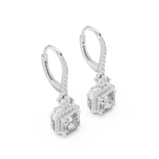 Pair Shot: Emerald Cut Diamond Earrings with Halo Setting in 14k White Gold - Lab Grown - Driona Jewels