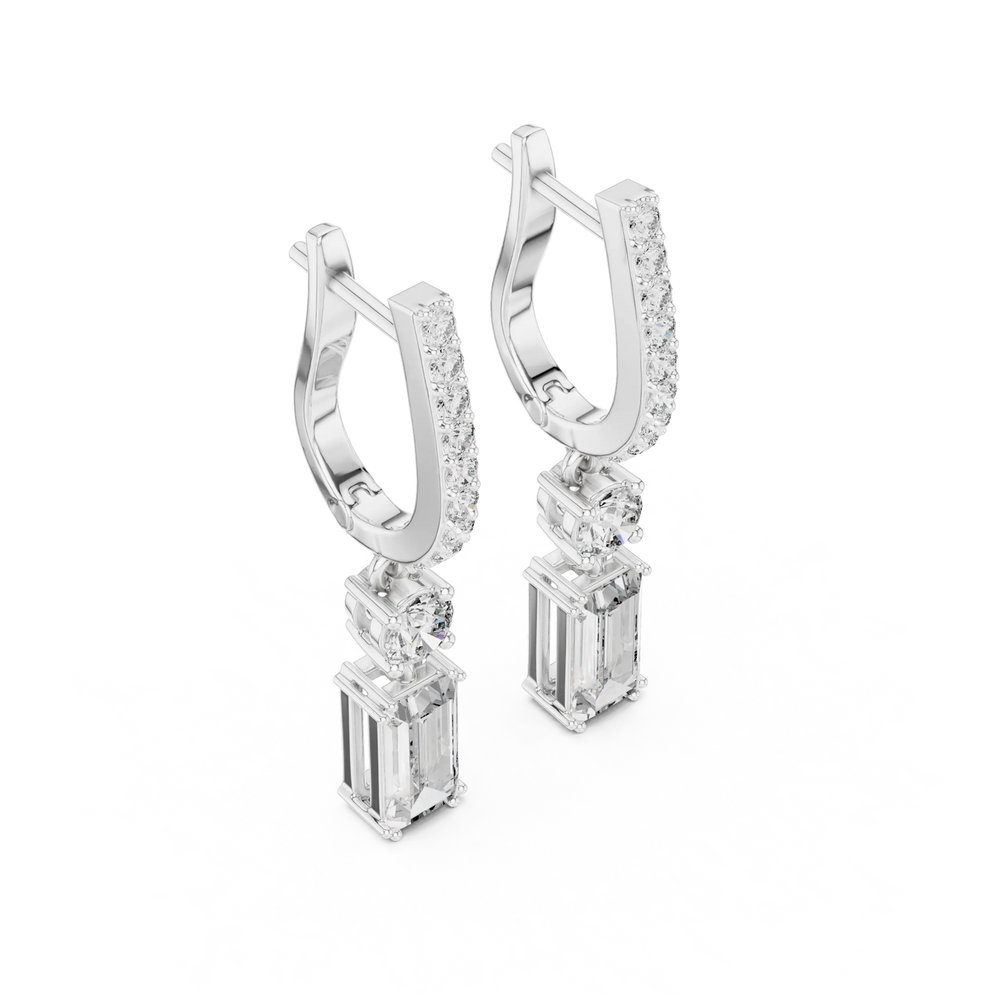 Pair-Shot: Emerald Cut Diamond Earrings with Halo Setting in 14k White Gold - Lab Grown - Driona Jewels