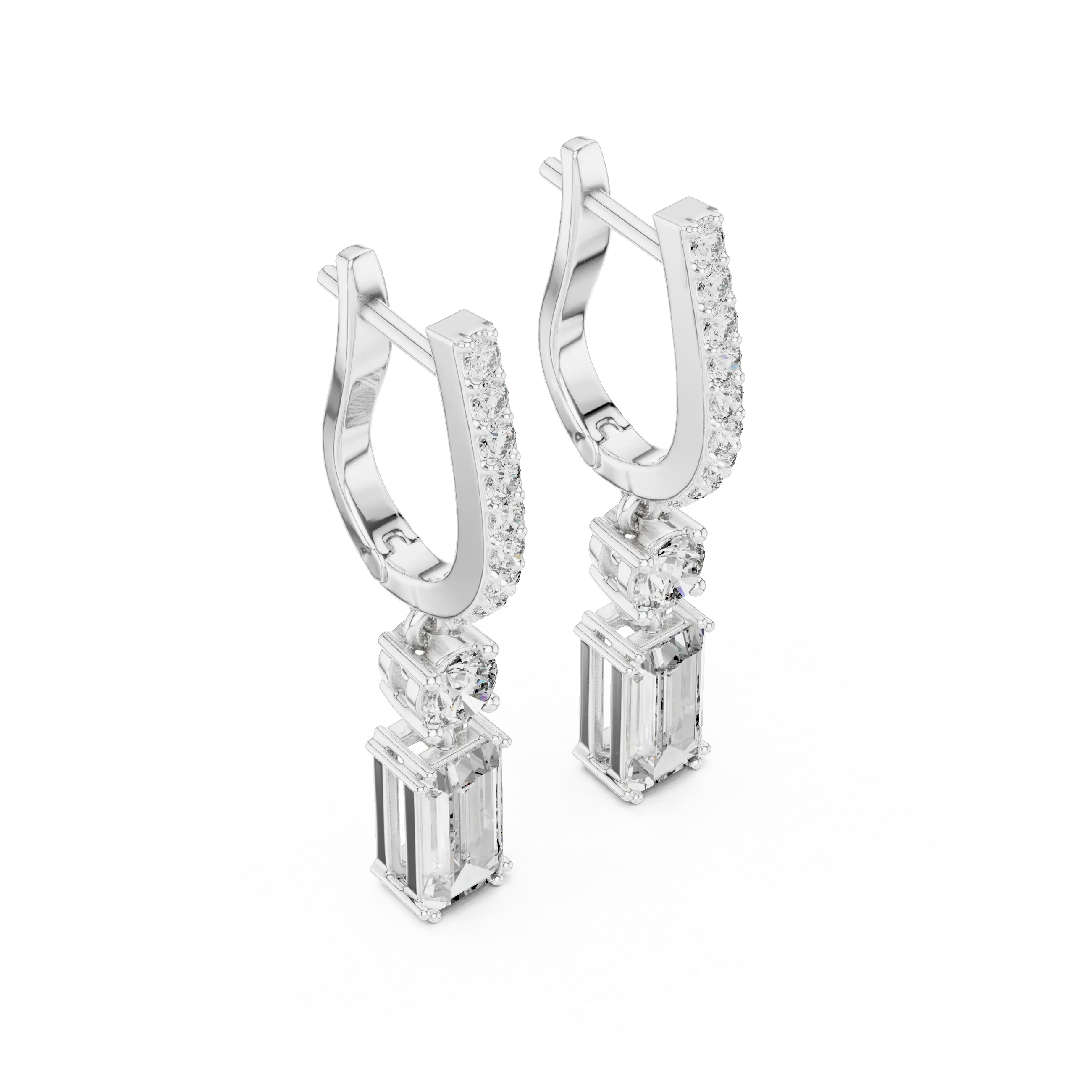 Pair-Shot: Emerald Cut Diamond Earrings with Halo Setting in 14k White Gold - Lab Grown - Driona Jewels