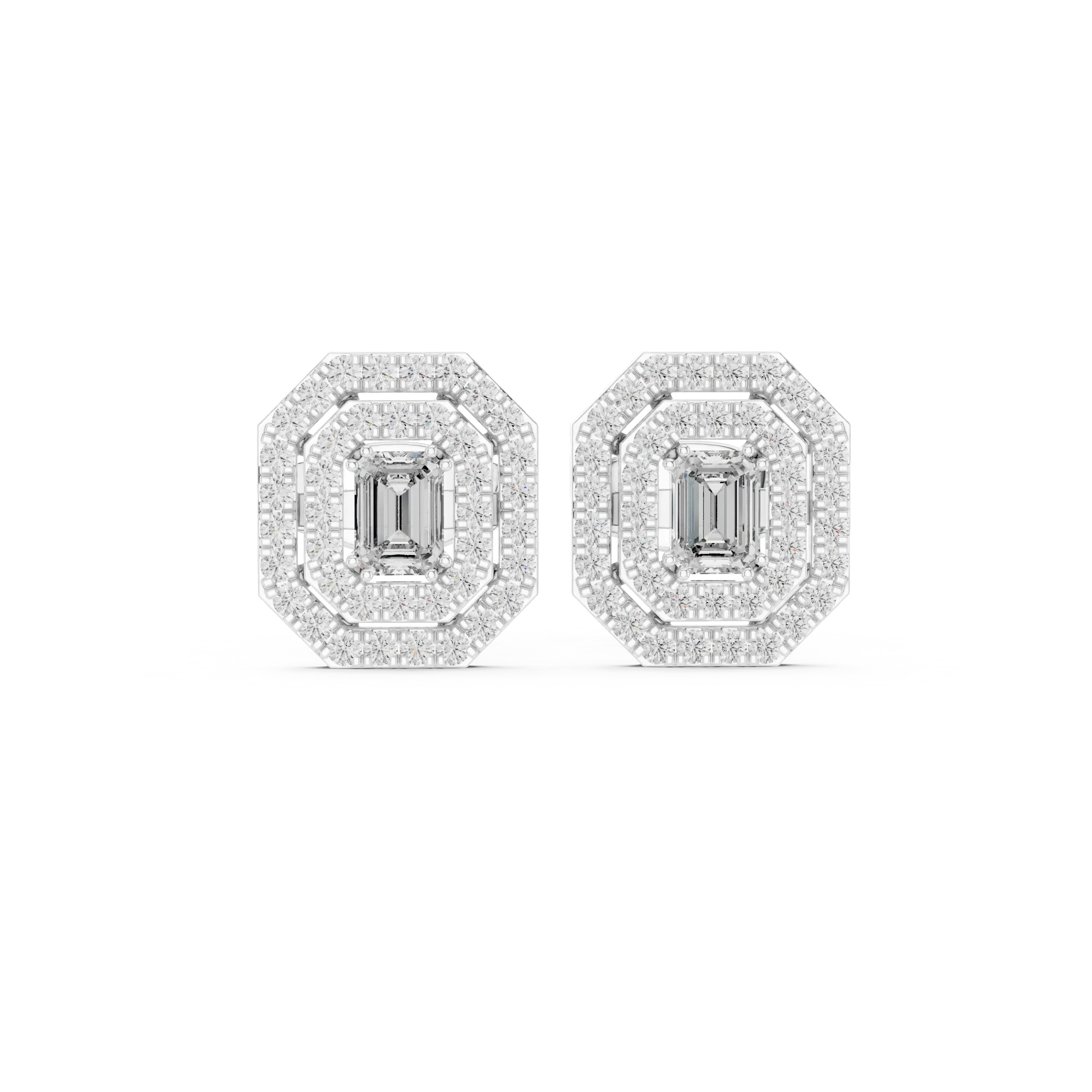 Pair-Shot: Emerald Cut Diamond Earrings with Halo Setting in 14k White Gold - Lab Grown - Driona Jewels