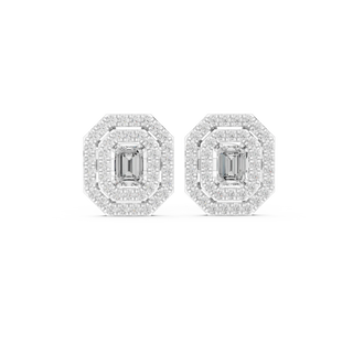 Pair-Shot: Emerald Cut Diamond Earrings with Halo Setting in 14k White Gold - Lab Grown - Driona Jewels