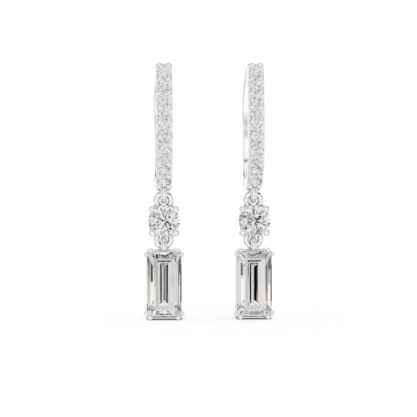 Pair Shot: Emerald Cut Diamond Earrings with Halo Setting in 14k White Gold - Lab Grown - Driona Jewels
