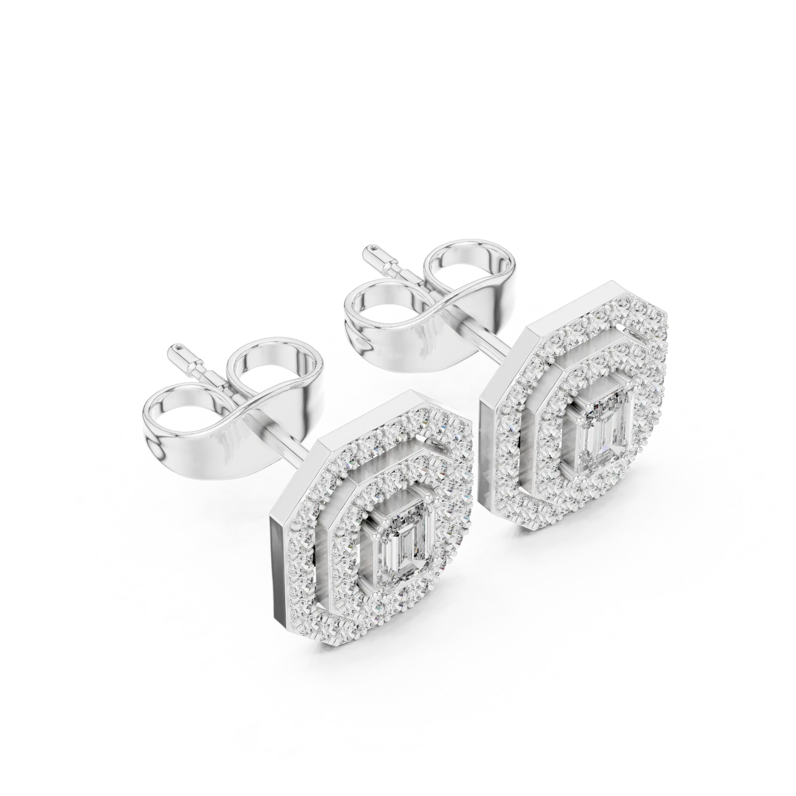 Pair-shot: Emerald Cut Diamond Earrings with Halo Setting in 14k White Gold - Lab Grown - Driona Jewels