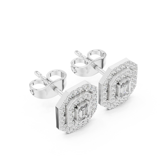Pair-shot: Emerald Cut Diamond Earrings with Halo Setting in 14k White Gold - Lab Grown - Driona Jewels