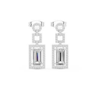 Pair-Shot: Emerald Cut Diamond Earrings with Halo Setting in 14k White Gold - Lab Grown - Driona Jewels