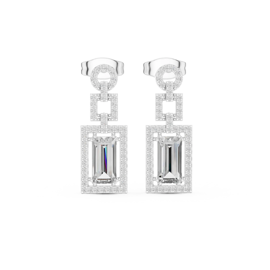 Pair-Shot: Emerald Cut Diamond Earrings with Halo Setting in 14k White Gold - Lab Grown - Driona Jewels