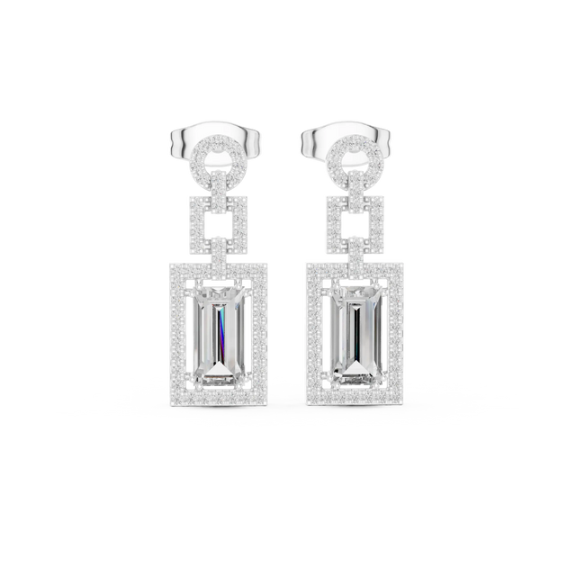 Pair-Shot: Emerald Cut Diamond Earrings with Halo Setting in 14k White Gold - Lab Grown - Driona Jewels