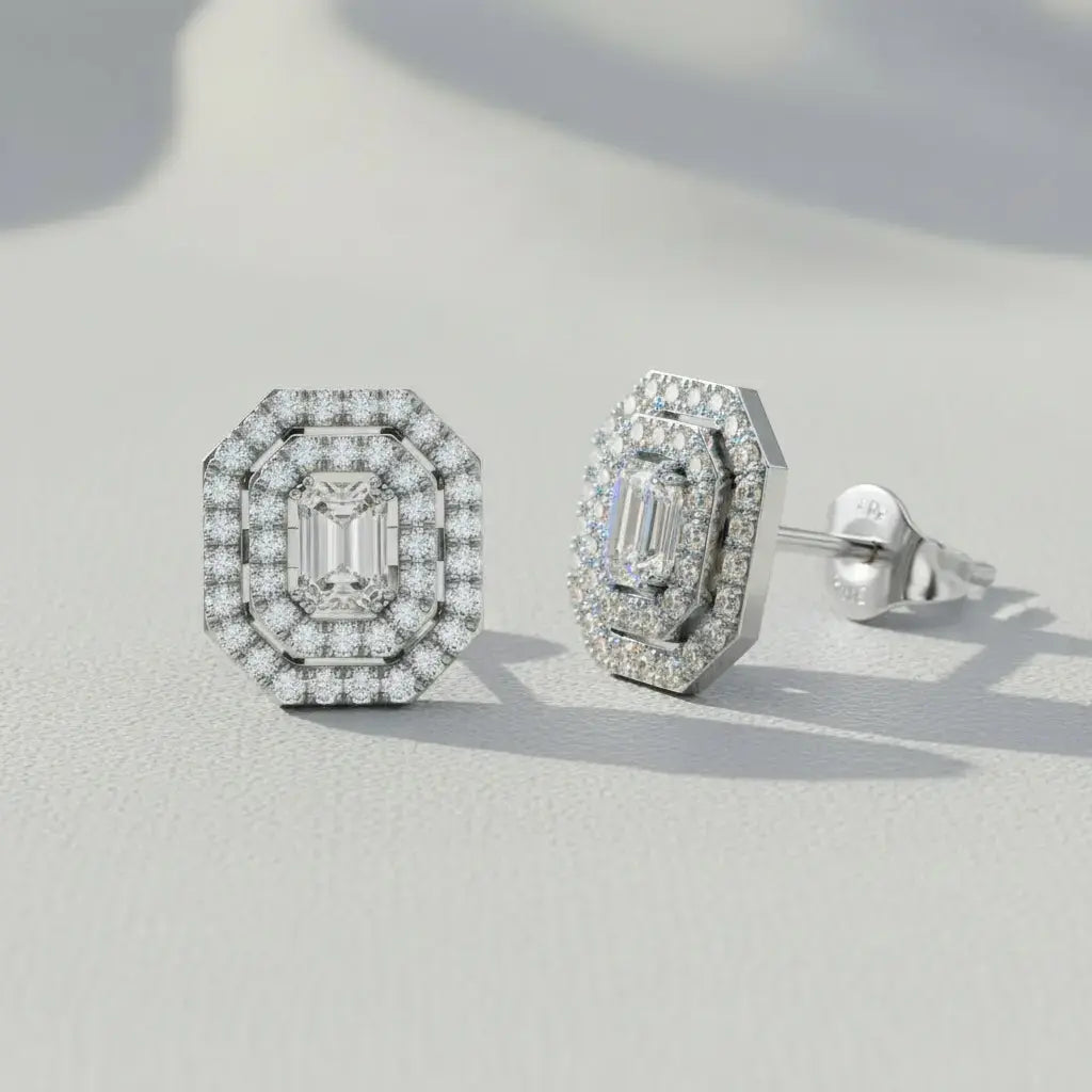 Pair Shot: Emerald Cut Diamond Earrings with Halo Setting in 14k White Gold - Lab Grown - Driona Jewels