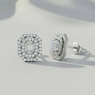 Pair Shot: Emerald Cut Diamond Earrings with Halo Setting in 14k White Gold - Lab Grown - Driona Jewels