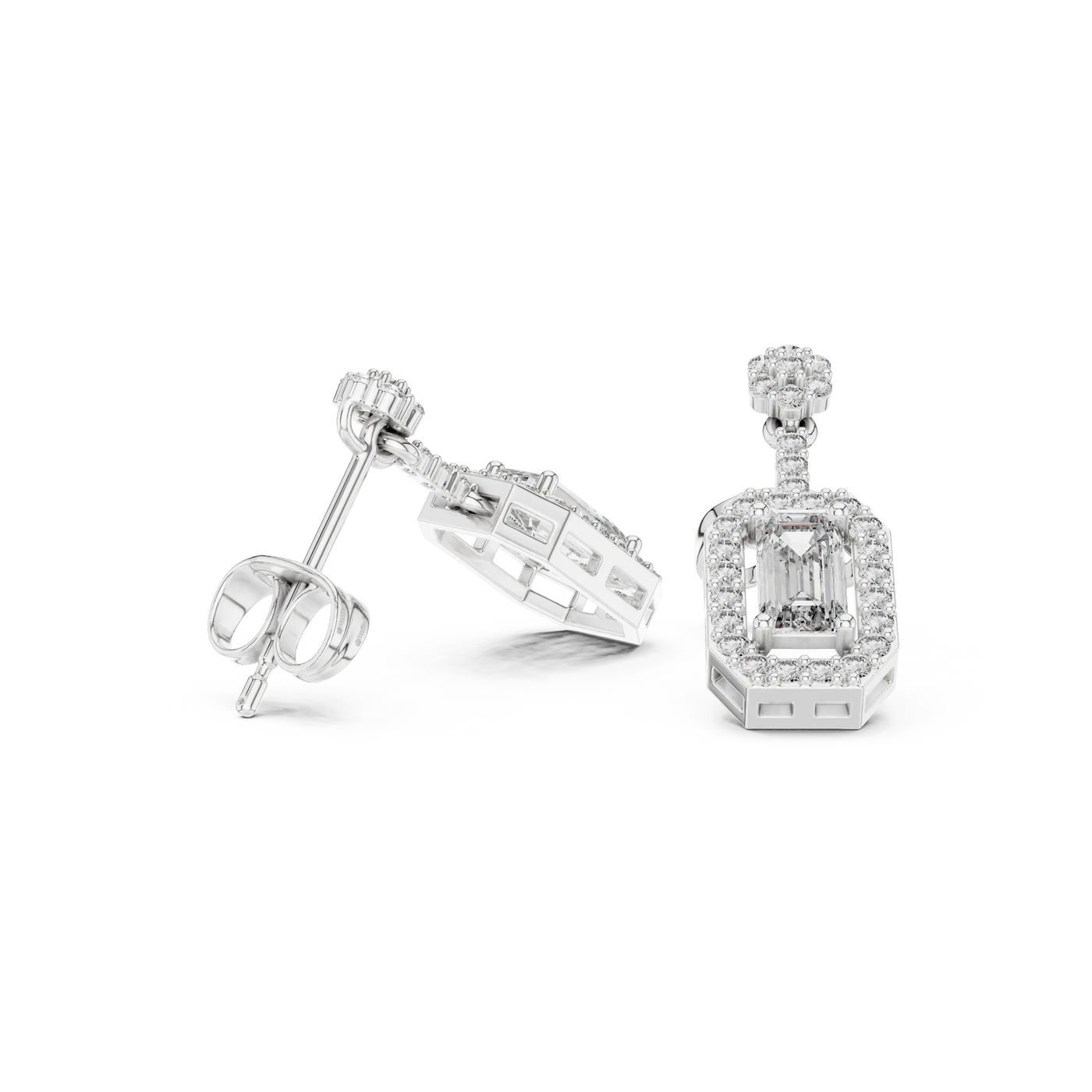 Three-quarter-view: Emerald Cut Diamond Earrings with Halo Setting in 14k White Gold - Lab Grown - Driona Jewels