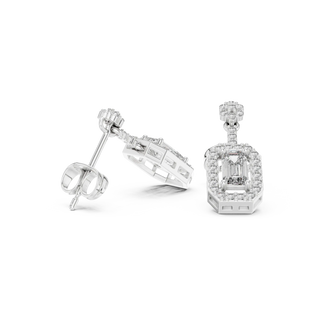 Three-quarter-view: Emerald Cut Diamond Earrings with Halo Setting in 14k White Gold - Lab Grown - Driona Jewels
