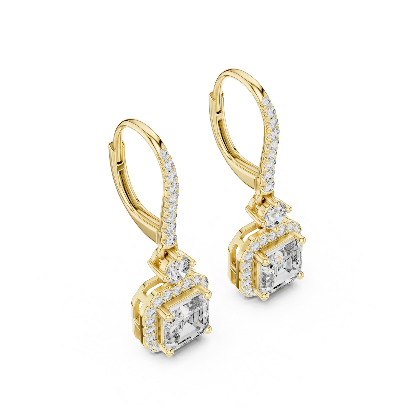 Pair Shot: Emerald Cut Diamond Earrings with Halo Setting in 14k Yellow Gold - Lab Grown - Driona Jewels