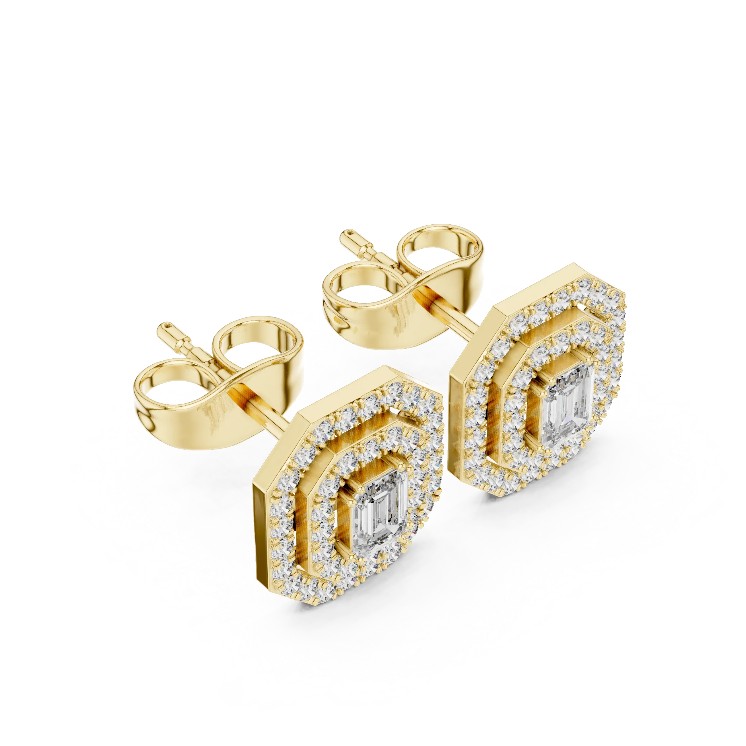 Pair Shot: Emerald Cut Diamond Earrings with Halo Setting in 14k Yellow Gold - Lab Grown - Driona Jewels
