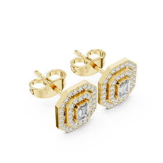 Pair Shot: Emerald Cut Diamond Earrings with Halo Setting in 14k Yellow Gold - Lab Grown - Driona Jewels