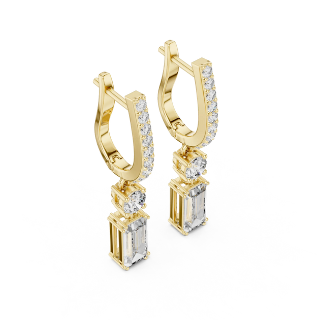 Pair Shot: Emerald Cut Diamond Earrings with Halo Setting in 14k Yellow Gold - Lab Grown - Driona Jewels