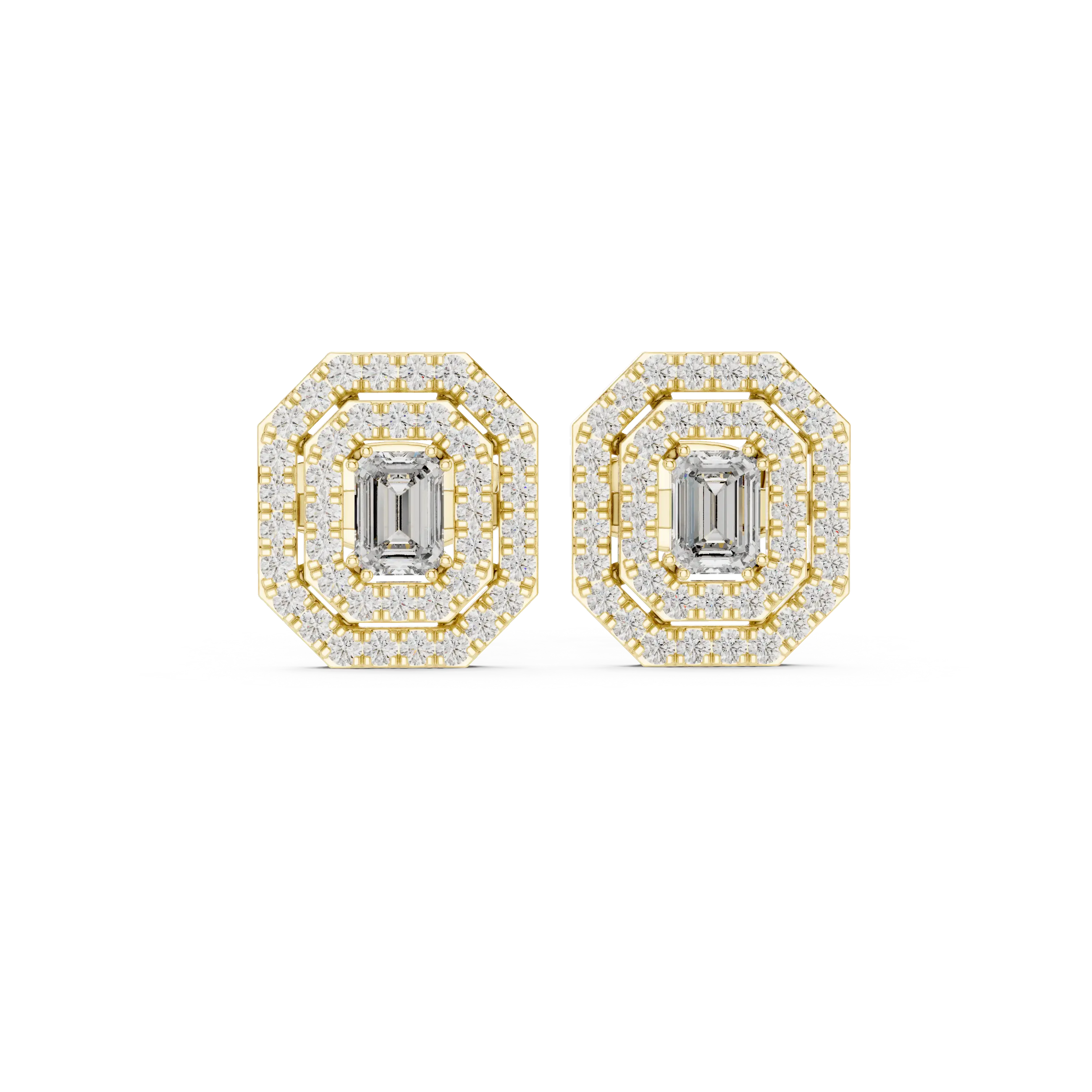 Pair-Shot: Emerald Cut Diamond Earrings with Halo Setting in 14k Yellow Gold - Lab Grown - Driona Jewels