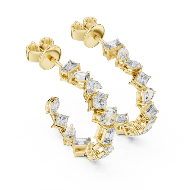 Pair Shot: Emerald Cut Diamond Earrings with Halo Setting in 14k Yellow Gold - Lab Grown - Driona Jewels
