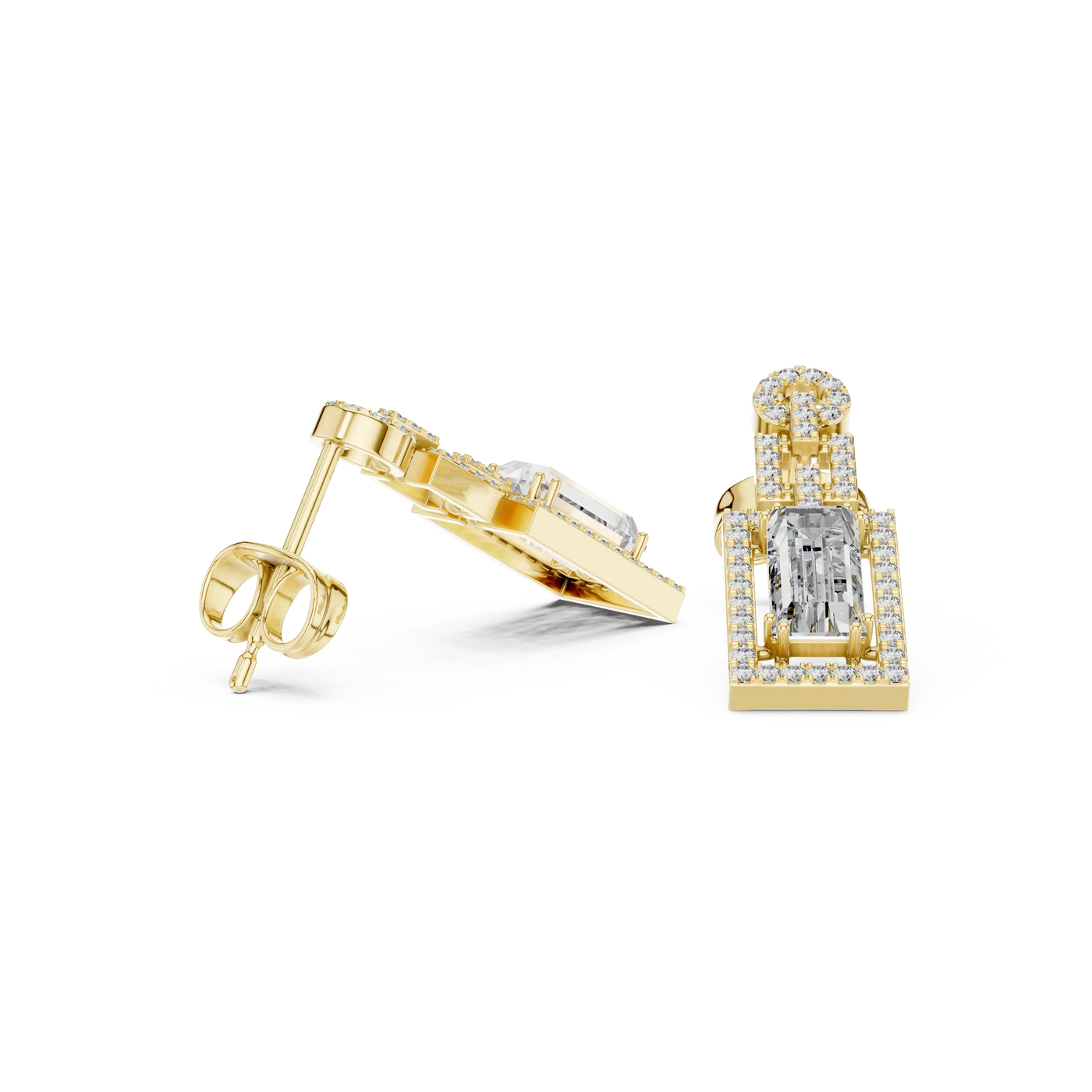 Pair Shot: Emerald Cut Diamond Earrings with Halo Setting in 14k Yellow Gold - Lab Grown - Driona Jewels
