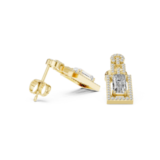 Pair Shot: Emerald Cut Diamond Earrings with Halo Setting in 14k Yellow Gold - Lab Grown - Driona Jewels