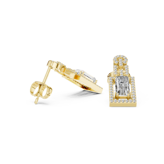 Pair Shot: Emerald Cut Diamond Earrings with Halo Setting in 14k Yellow Gold - Lab Grown - Driona Jewels